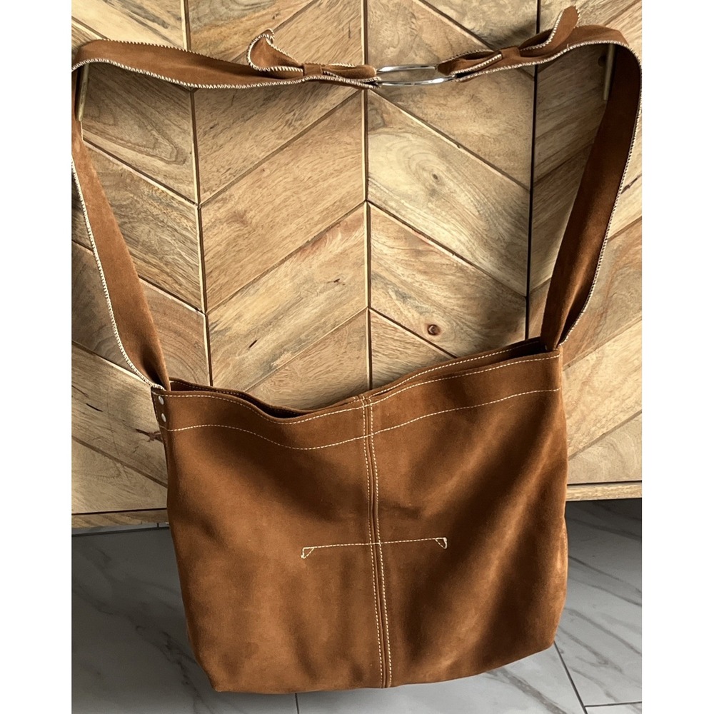 Handmade Suede Leather Wide Strap Crossbody Bag Brown Slouchy Artisan Boho UK - Picture 8 of 16